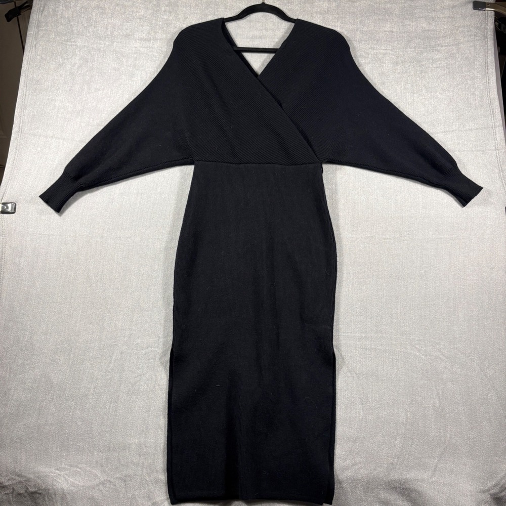 Forever 21 Womens Black Ribbed Knit Wrap Dolman Sleeve Midi Dress Large